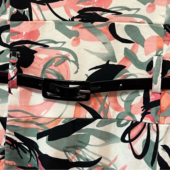 MADISON LEIGH Abstract Floral Sheath Dress Size 6 Belted Midi Stretch Cap Sleeve - Picture 7 of 13